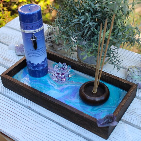 Candle Holder, Incense Holder W/Abundance Candle and Blue Goldstone, Amethyst - Picture 2 of 3